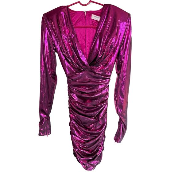 House of CB Dresses & Skirts - House Of CB ZANDRA Metallic Pink Deep V Ruched Dress XS Barbiecore Glamorous